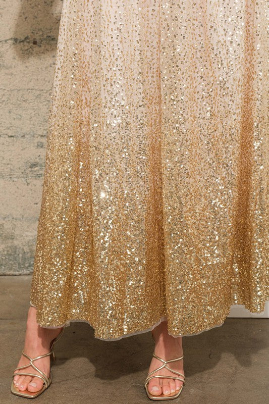 Elastic Band Gradient Sequin Maxi Tulle Skirt