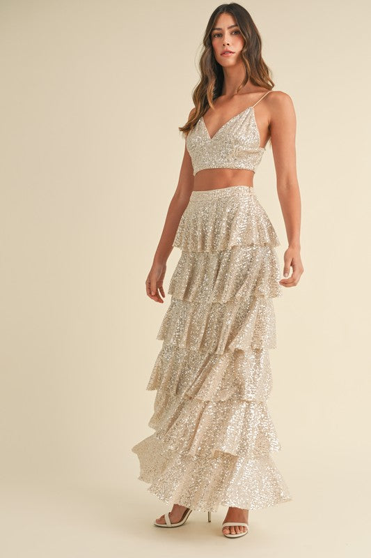 Sequin Tiered Ruffle Long Skirt5 And Bralette Set