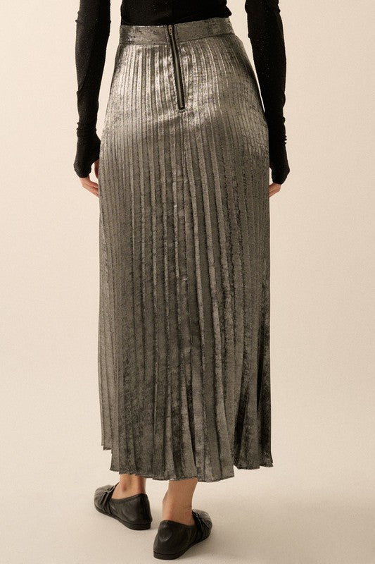 Metallic- Velvet Accordion-Pleated Maxi Skirt