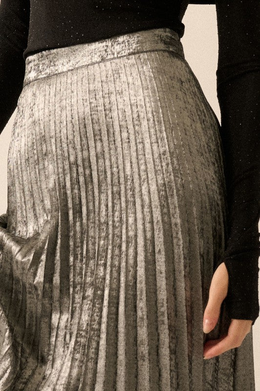 Metallic- Velvet Accordion-Pleated Maxi Skirt