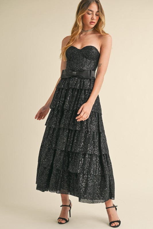 Sequin Sweetheart Neckline Ruffle Tier maxi Dress