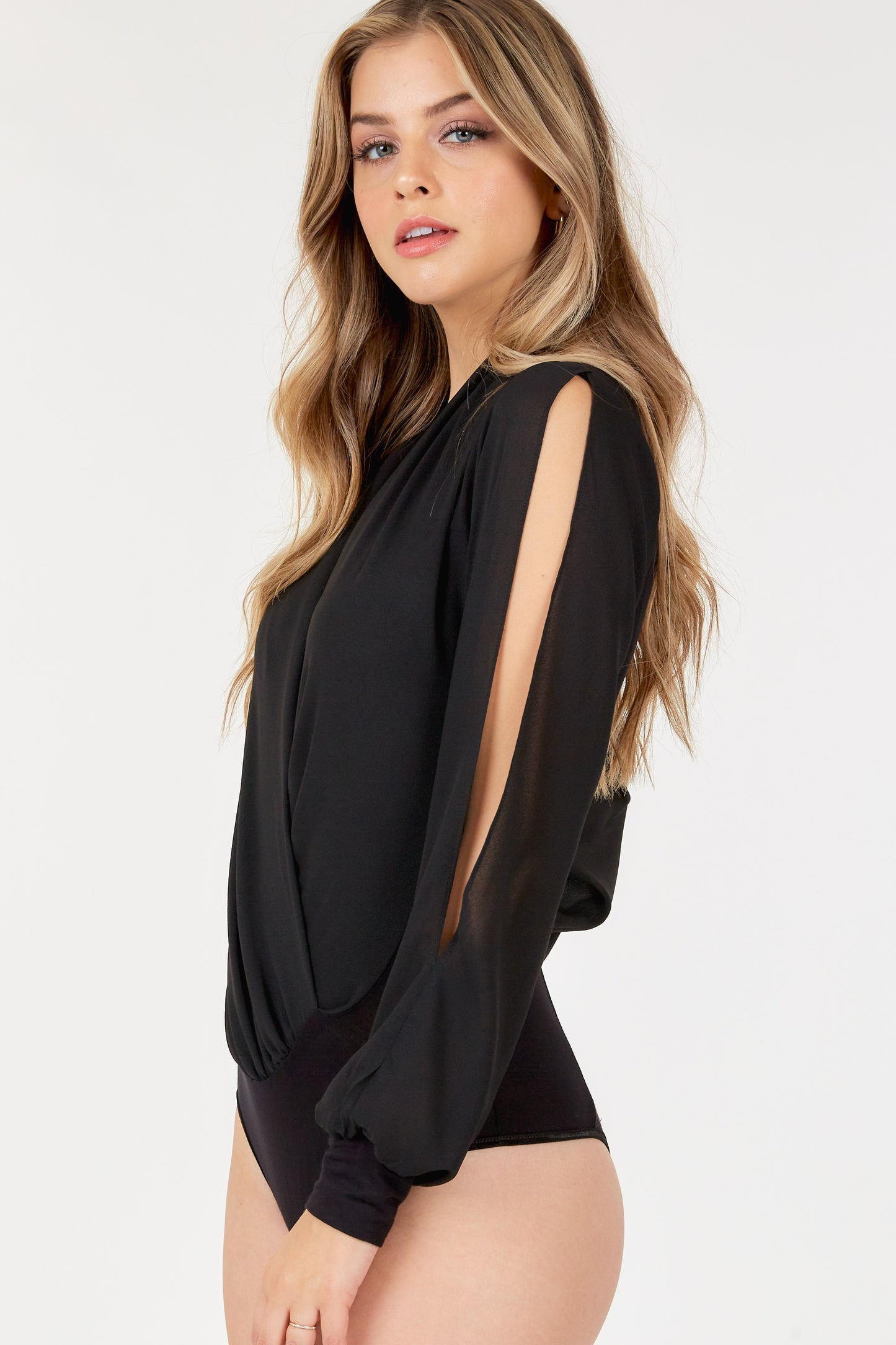 Slit Long Sleeve Wrap Bodysuit