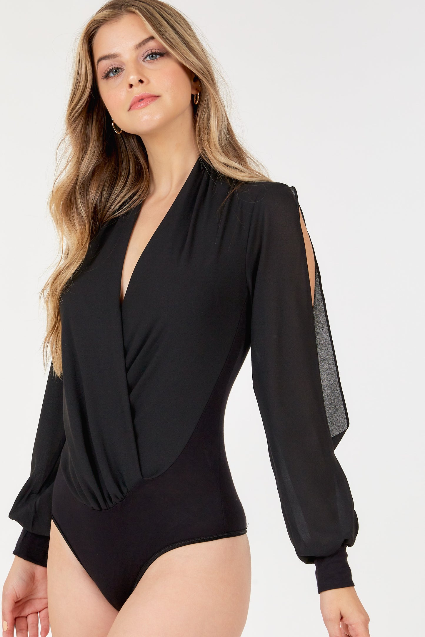 Slit Long Sleeve Wrap Bodysuit