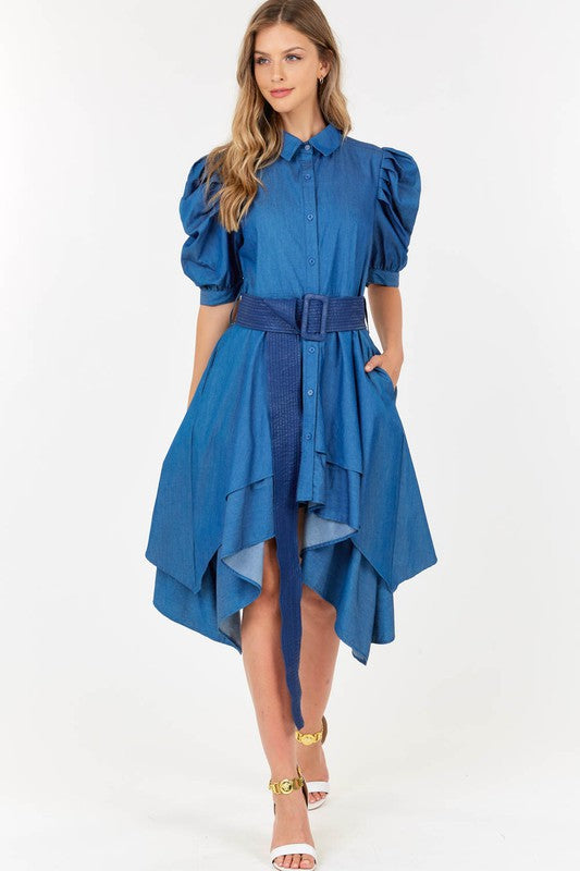 Contrast Yoke Detail Neck Tie Dress with Belt