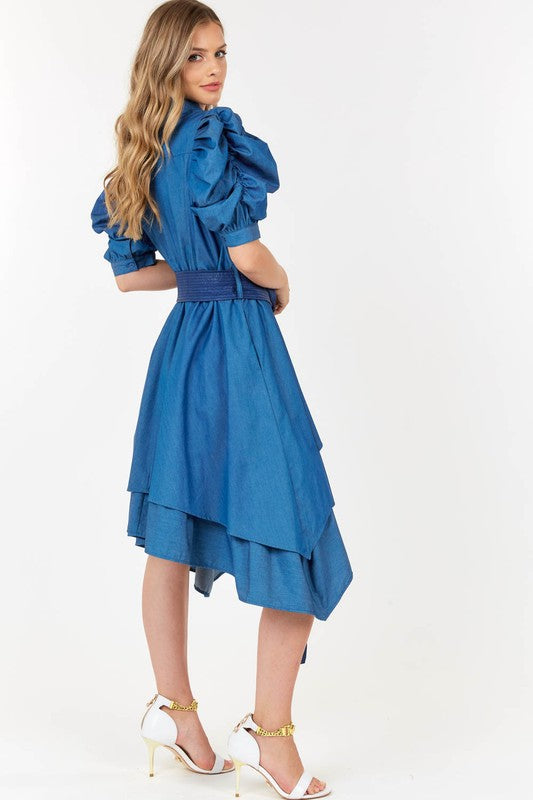 Contrast Yoke Detail Neck Tie Dress with Belt