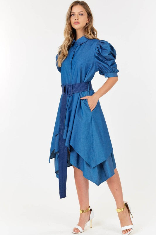 Contrast Yoke Detail Neck Tie Dress with Belt