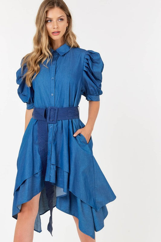 Contrast Yoke Detail Neck Tie Dress with Belt